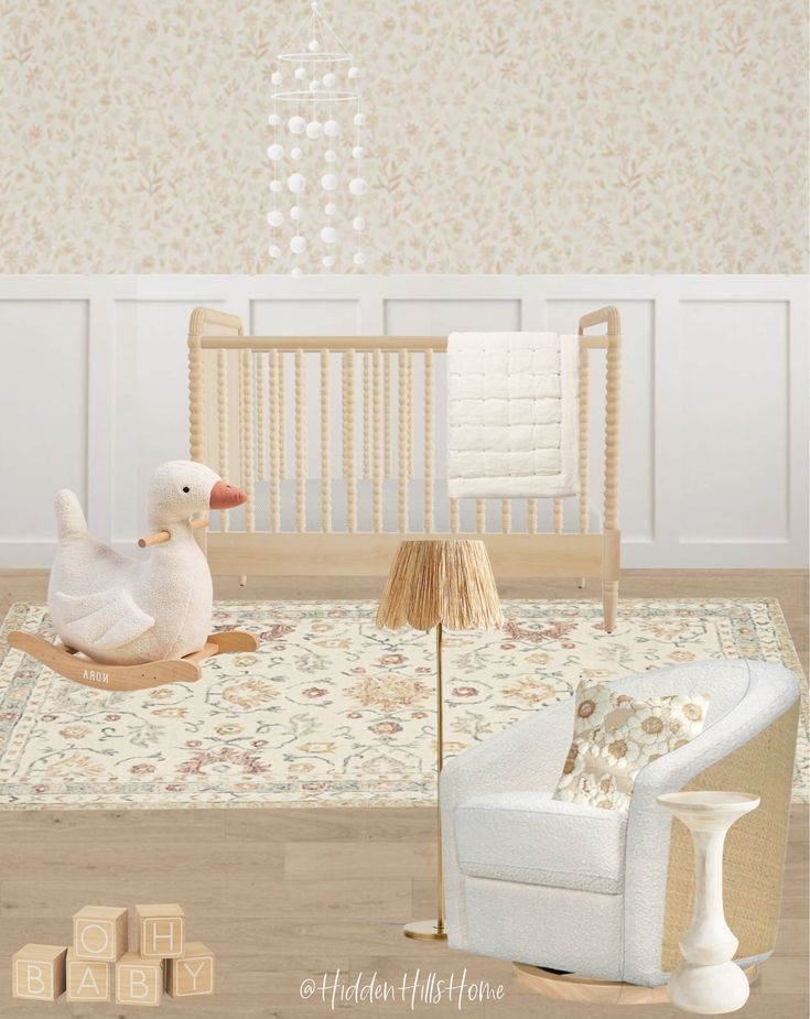 a baby's room with a rocking chair, crib and toy animals on the floor