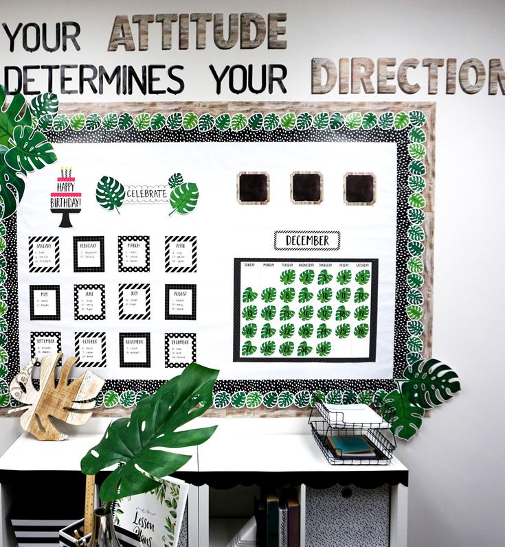 a bulletin board with plants and pictures on it that says your attitude determines your direction