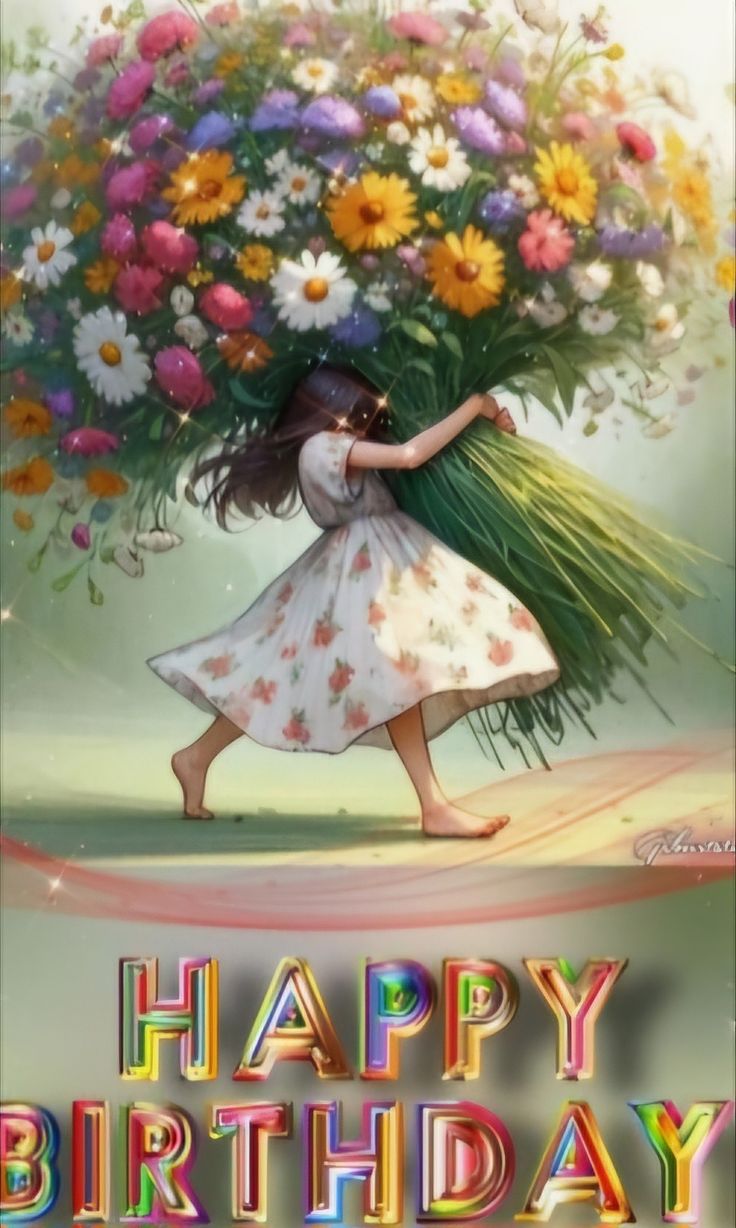 a woman carrying flowers on her head with the words happy birthday written below it in colorful lettering