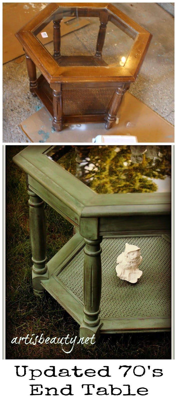 an old coffee table turned into a end table with glass top and wood trimming