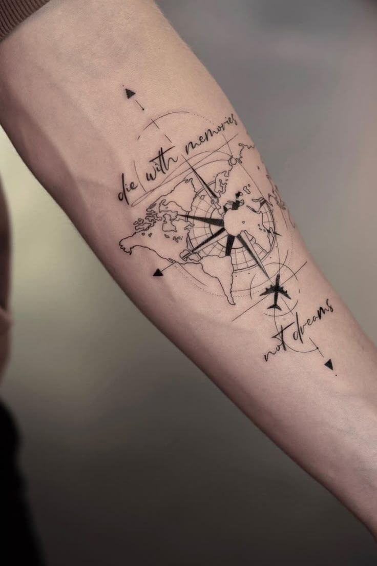 a person's arm with a compass tattoo on it