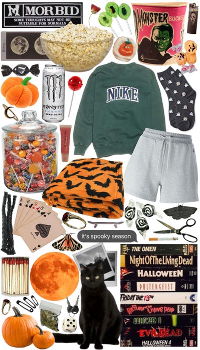 a collage of halloween items including sweatshirts, books, candy and other things