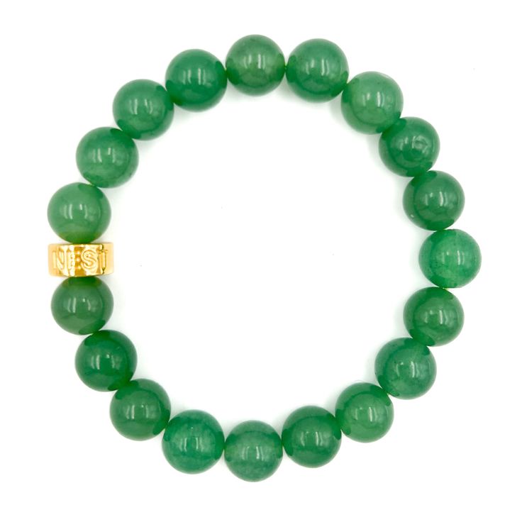 Jade Aventurine Gemstone 22k gold plate NEST logo spacer Handcrafted in our TX studio Custom size upon request Gold Jade Bracelets With Natural Stones, Gold Amazonite Round Beaded Bracelets, Spiritual Gold Jade Beaded Bracelets, Gold Bracelets With Aventurine Natural Stones, Gold Jade Beaded Bracelets For Spiritual Purposes, Gold Jade Beaded Bracelets With Gemstones, Gold Jade Beaded Bracelets With Natural Stones, Gold Bracelets With Natural Aventurine Stones, Gold Jade Beaded Bracelets For Spiritual Wear