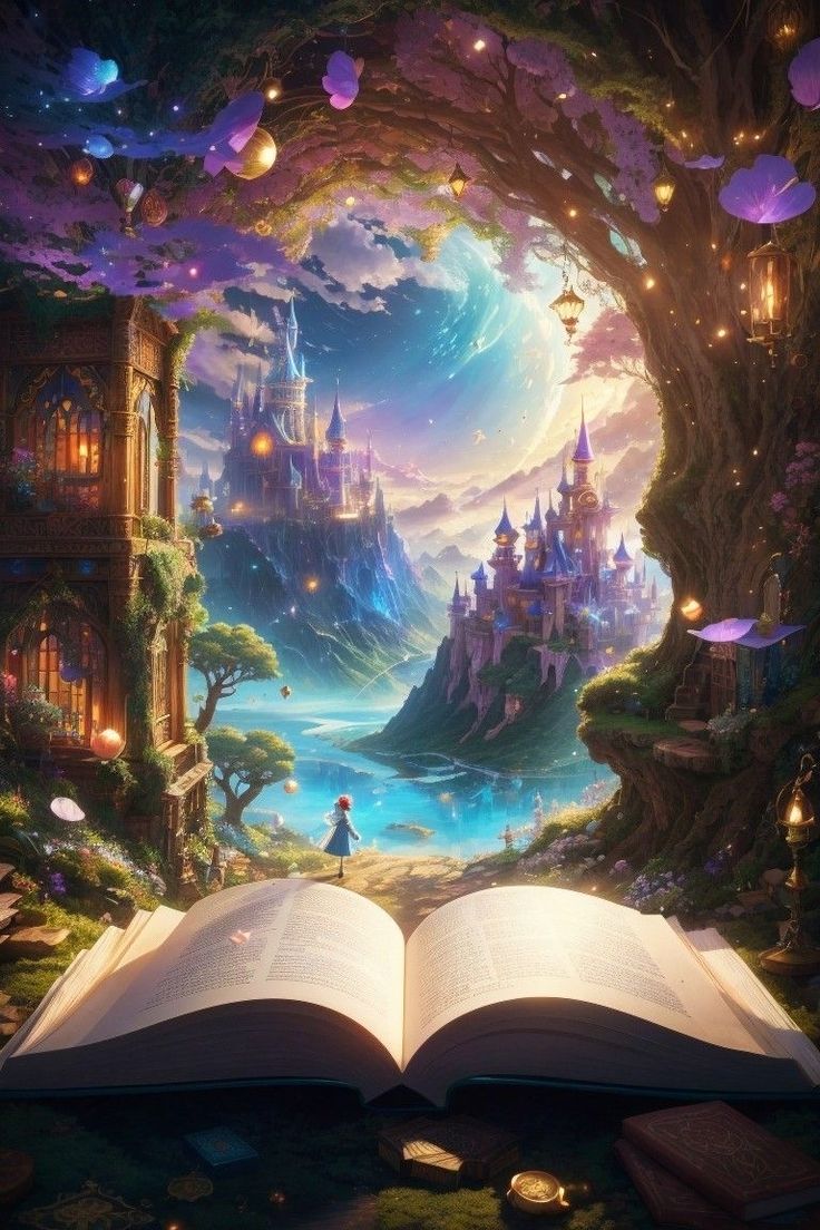 an open book sitting on top of a lush green field next to a fantasy castle