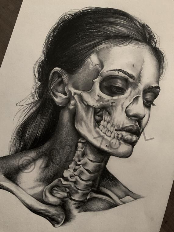 a pencil drawing of a woman's face and neck with skeleton parts on it