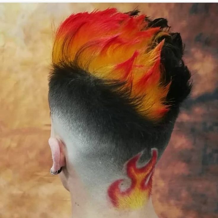 Fohawk Haircut Fade, Fire Hair Color, Flame Hair, Hair Cut Guide, Curly Hair Fade, Dyed Hair Men, Shaved Hair Designs, Fire Hair, Mens Hairstyle