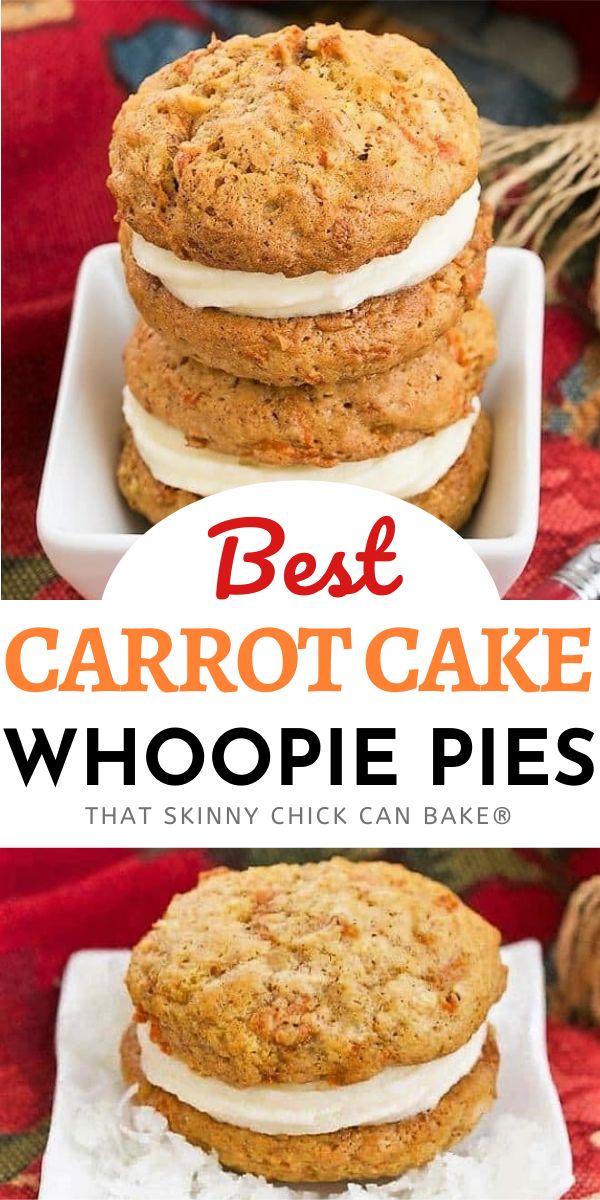 three carrot cake whoopie pies stacked on top of each other with text overlay