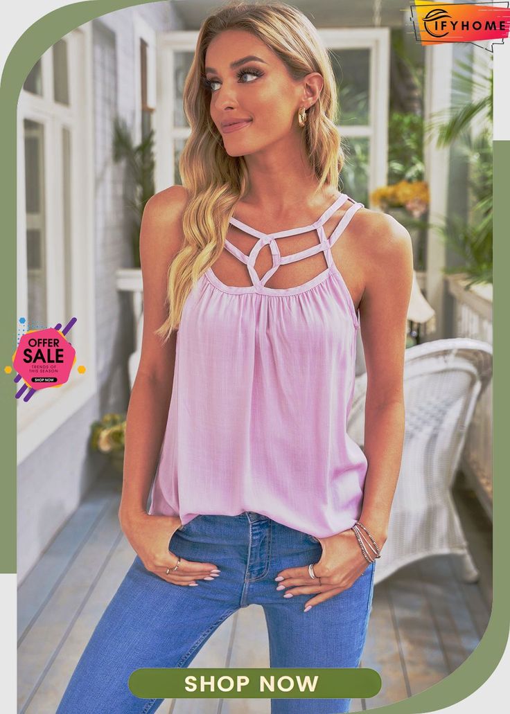 Pink Hollow-out Tank Top Cheap Pink Tank Blouse, Surprise Your Girlfriend, Boho Layering, Graphic Tank Tops, Blouse Sleeveless, Layered Tops, Summer Tank Tops, Loungewear Set, Gold Accessories