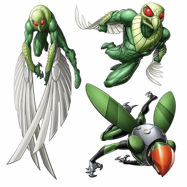 two green alien like creatures with red eyes, one flying and the other sitting down