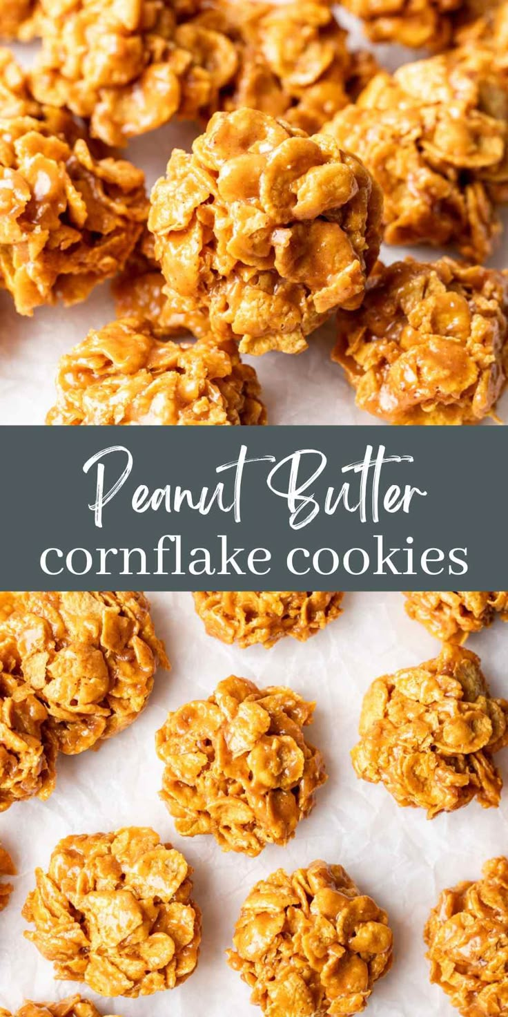 homemade peanut butter cornflake cookies on a sheet of parchment paper with text overlay