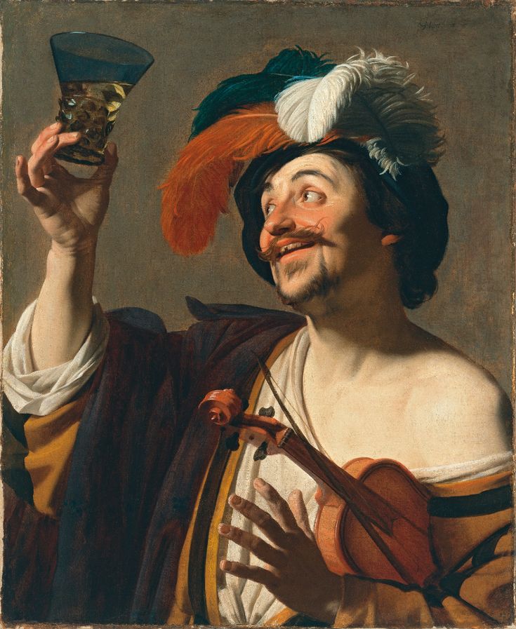 a painting of a man with a hat holding a glass in one hand and an instrument in the other