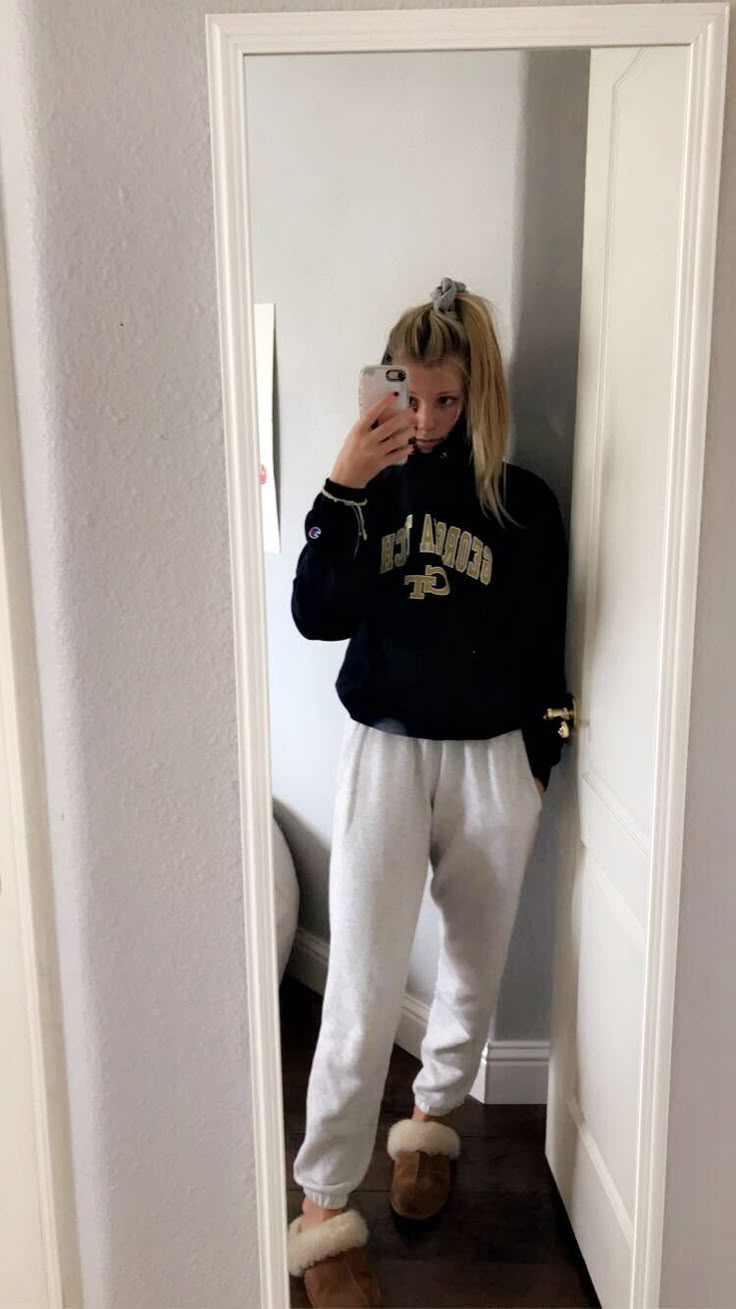 sweatshirt- georgia tech sweats- victoria secret slippers- uggs Comfy Outfits For School Ugg Slippers, Cute Slipper Outfits For School, Sweatpants And Slippers Outfit, Cute Outfits For Winter For School, Cute Outfits With Slippers, Winter Slippers Outfit, Comfy Sweats Outfit, Sweats Outfit Winter, White Sweats Outfit