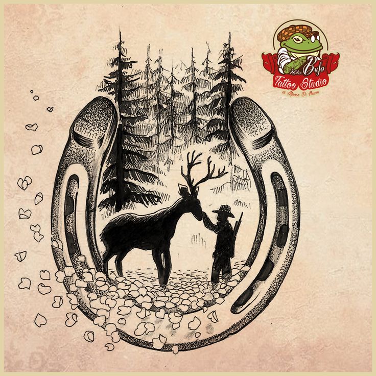 a drawing of two people holding hands with a moose in the woods behind them, surrounded by trees and rocks