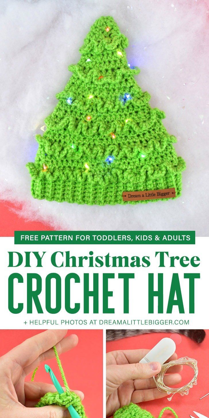 the crochet christmas tree hat is made with yarn