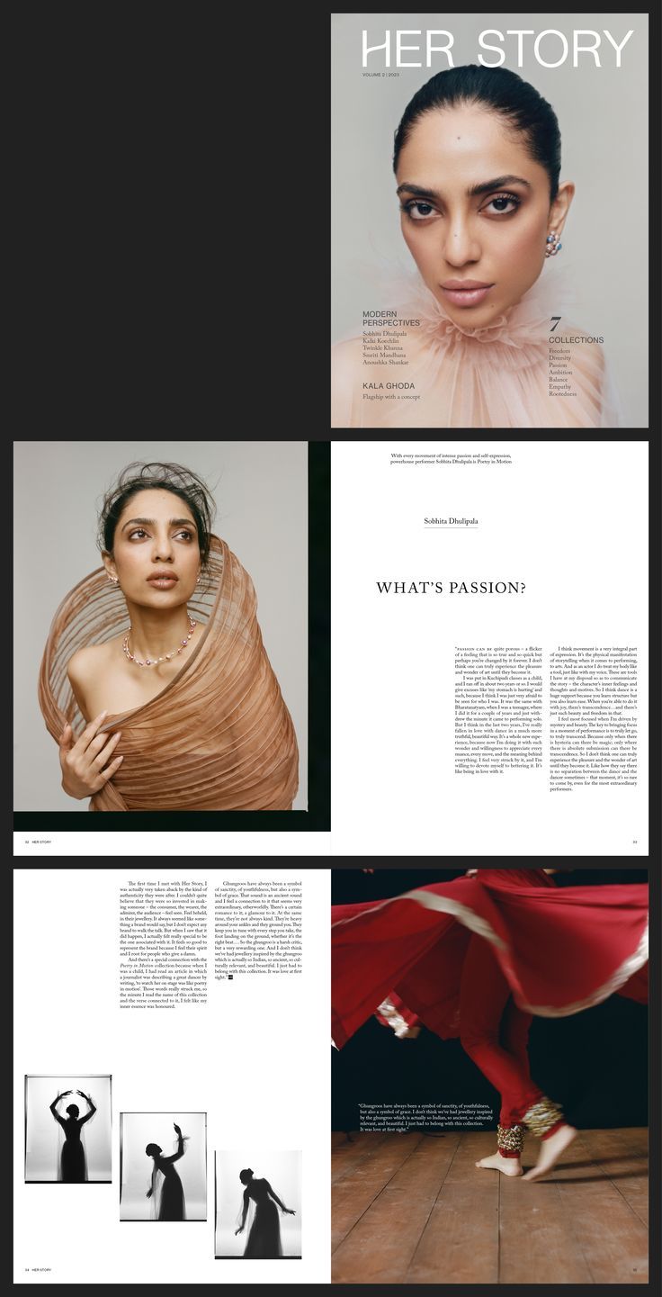 Her Story magazine layout Jewellery Brochure, Fashion Typography Design, Editorial Layout Design, Coffee Table Book Layout, Typography Book Layout, Fashion Lookbook Design, Catalog Design Inspiration, Editorial Design Magazine, Story Jewelry