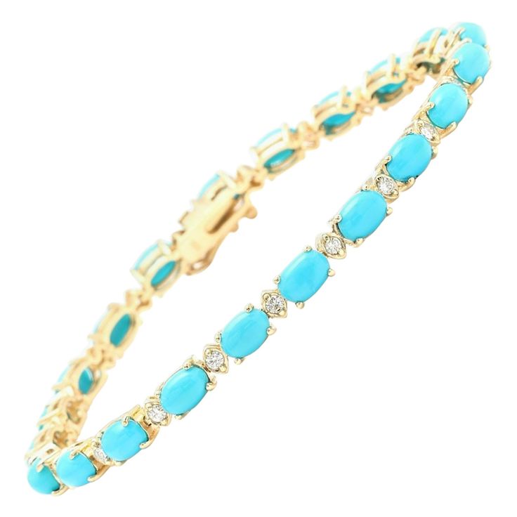 Very Impressive 11.60 Carats Natural Turquoise & Diamond 14K Solid Yellow Gold Bracelet Suggested Replacement Value: $6,500.00 STAMPED: 14K Total Natural Round Diamonds Weight: Approx. 0.60 Carats (color G-H / Clarity SI1-Si2) Total Natural Turquoise Weight is: Approx. 11.00 carats Turquoise Measure: Approx. 6 x 4mm Bracelet length is: 7 inches Bracelet Width: Approx. 4mm Bracelet total weight: Approx. 10g Disclaimer: all weights, measurements and colors are approximate and may vary slightly fro Bracelet Tennis, Vintage Tennis, Antique Bracelets, Diamond Tennis Bracelet, Diamonds And Gold, Yellow Gold Bracelet, Bracelet Vintage, Tennis Bracelet Diamond, Antique Diamond