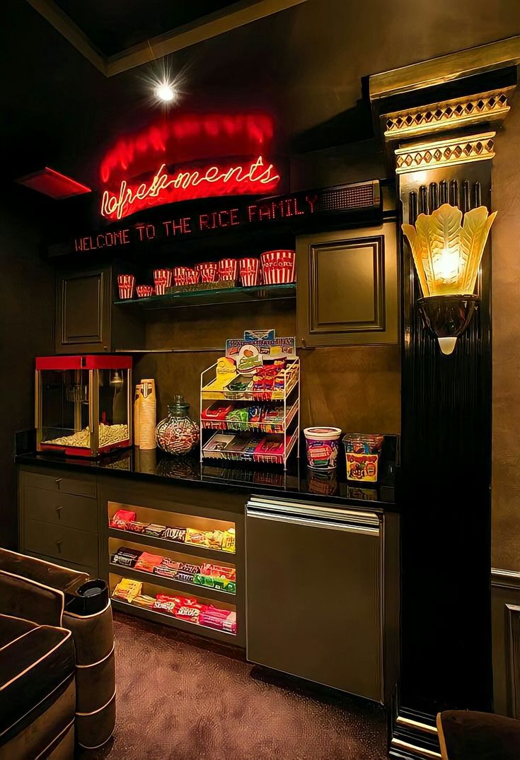 the inside of a fast food restaurant with neon signs above it and various foods on display