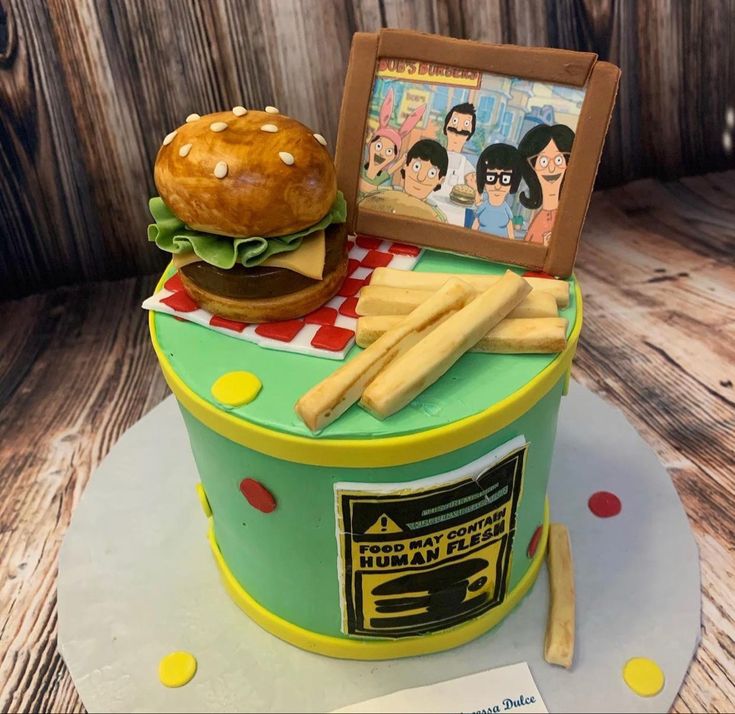 a birthday cake made to look like a burger and fries