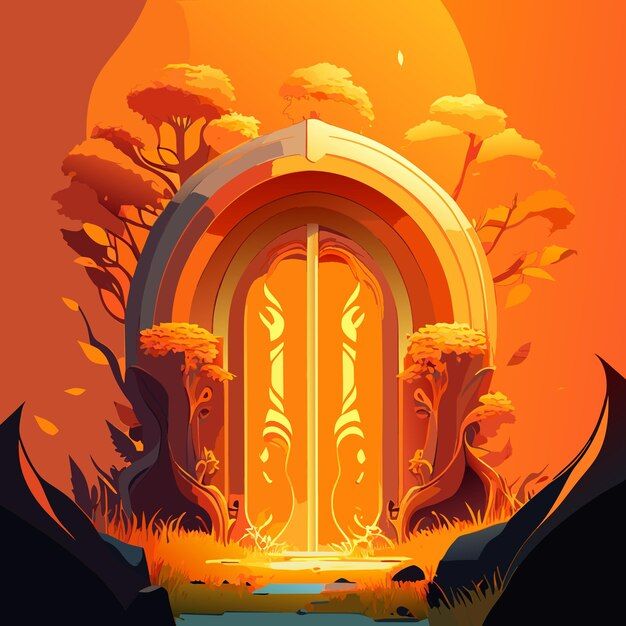 an illustration of a doorway to another world with trees and bushes in the foreground