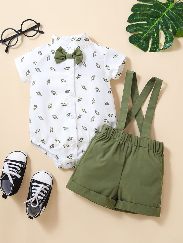 Baby Boy Dinosaur Print Bow Front Shirt Bodysuit & Pinafore Shorts Multicolor   Short Sleeve Fabric Dinosaur  Non-Stretch Summer Baby Boys Clothing, size features are:Bust: ,Length: ,Sleeve Length: Clothes For Baby Boy, Casual Green Dinosaur Print Sets, Casual Green Sets With Dinosaur Print, Summer Dinosaur Print Playtime Sets, Green Dinosaur Print Playwear Sets, Cute Dinosaur Print Sets For Summer, Green Dinosaur Print Sets For Playwear, Summer Cotton Onesie With Dinosaur Print, Cotton Onesie With Dinosaur Print For Summer