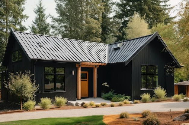 a black house with a metal roof in the woods