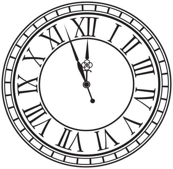 a black and white clock with roman numerals on the face, vintage line drawing or engraving illustration