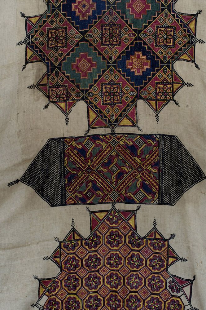 an old piece of cloth with different designs on it