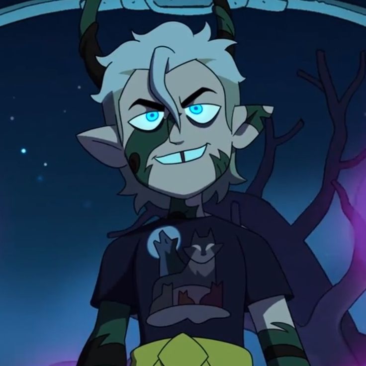 an animated character with blue eyes and horns standing in front of a purple tree at night