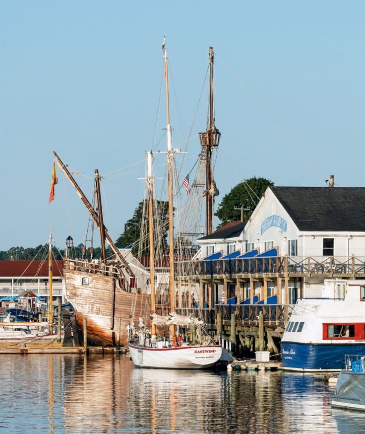 several boats are docked in the water near buildings