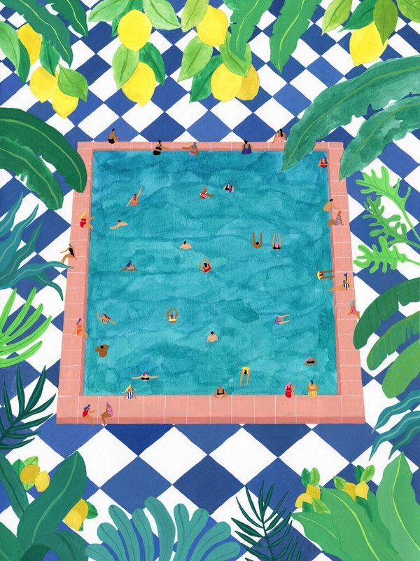 an overhead view of people swimming in a pool surrounded by tropical leaves and lemons