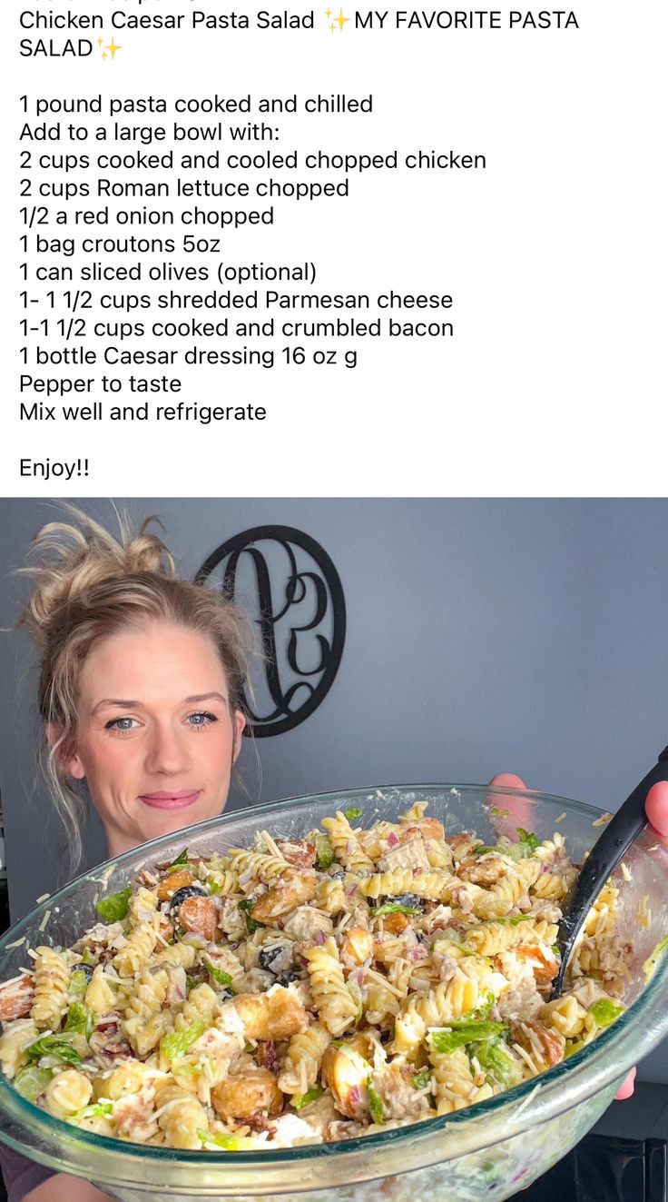 a woman holding up a large glass bowl filled with food and the words chicken caesar salad on it