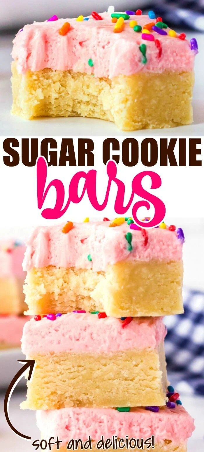 three pieces of sugar cookie bars with pink frosting and sprinkles on top