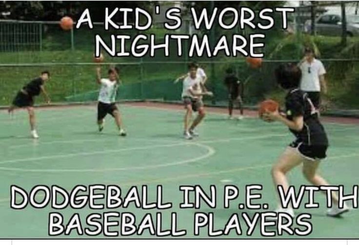 a kid's worst nightmares dodgeball in p e with baseball players on the court