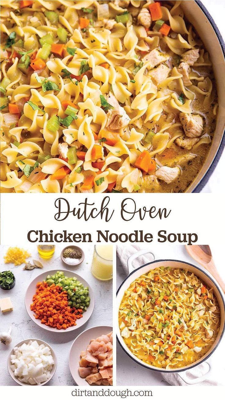 dutch oven chicken noodle soup is an easy and delicious dinner that's ready in less than 30 minutes