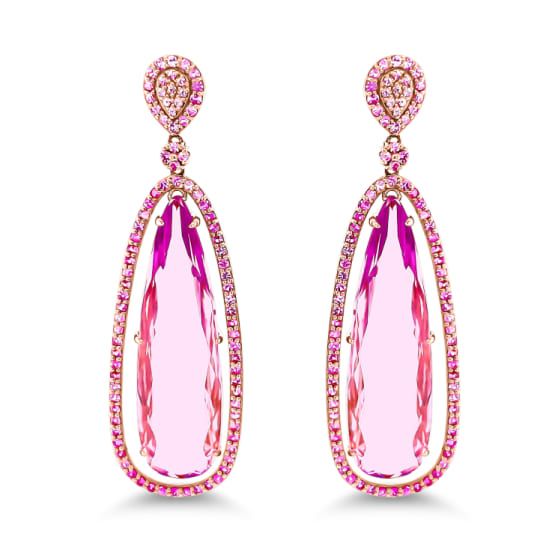 22.96ctw pear shape kunzite and round pink sapphire accent tension post earrings Luxury Oval Pink Earrings, Luxury Pink Oval Earrings, Pink Pear-shaped Gemstone Jewelry, Fine Jewelry Pink Briolette Earrings, Pink Diamond Accent Earrings For Formal Occasions, Pink Briolette Fine Jewelry Earrings, Modern Pink Gemstone Jewelry, Formal Pink Earrings With Diamond Accents, Fine Jewelry Pink Briolette Jewelry