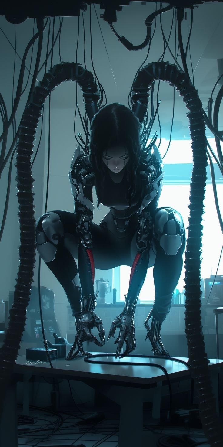 a woman dressed in black and white crouching down on a table surrounded by wires