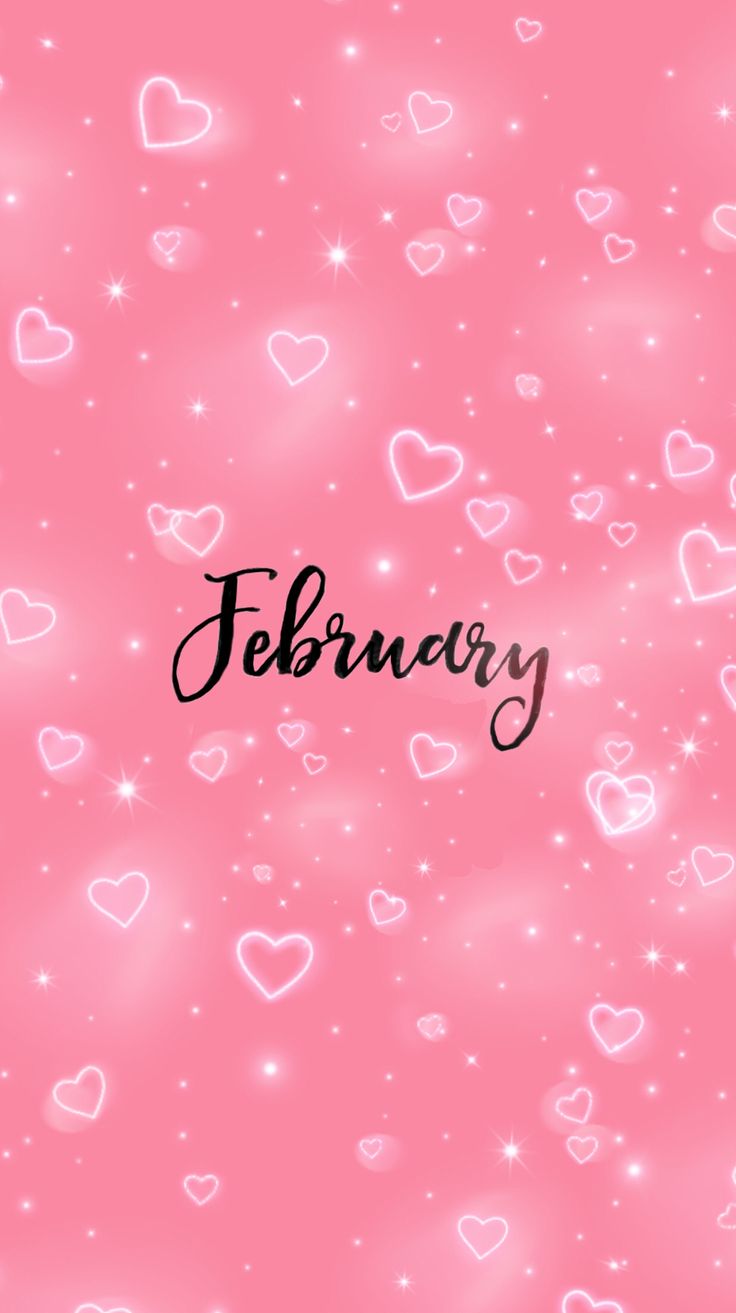 a pink background with hearts and the word february written in cursive writing on it