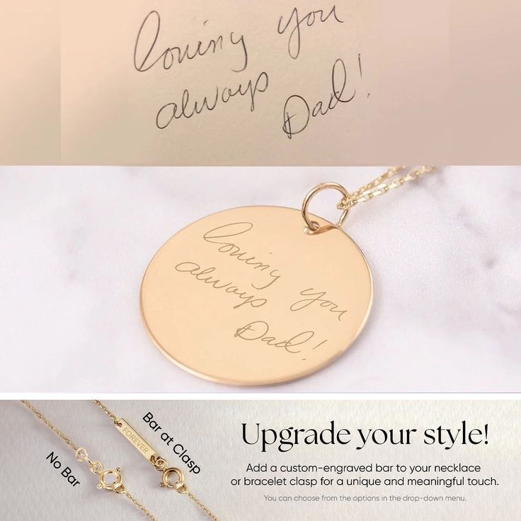 "2 Side Engraved 14K Solid Gold Disc, Engraved Actual Handwriting Pendant Necklace in 14k Solid Gold, Memorial Signature Disk Necklace, Personalized Own Handwriting Disc Pendant Handwritten Loss Gift, Send me the photo of your or your loved ones handwriting. Material: Solid Gold (real gold, no gold-filled or no gold plated material) Karat: 14 K (585) Available gold color: Yellow, rose, and white Available disc diameter: 11 mm, 13 mm, 15 mm, 17 mm The average thickness of the disc: 0.40 mm You ca 14k Gold Jewelry With Hallmark For Personalized Gift, Signature 14k Gold Wedding Jewelry, Engraved Rose Gold Jewelry For Father's Day, Personalized Yellow Gold Jewelry With Hallmark, Signature Gold Wedding Jewelry, Father's Day Rose Gold Engraved Jewelry, 14k Gold Personalized Signature Jewelry, 14k Gold Signature Jewelry Gift, Gold Engraved Necklaces For Father's Day