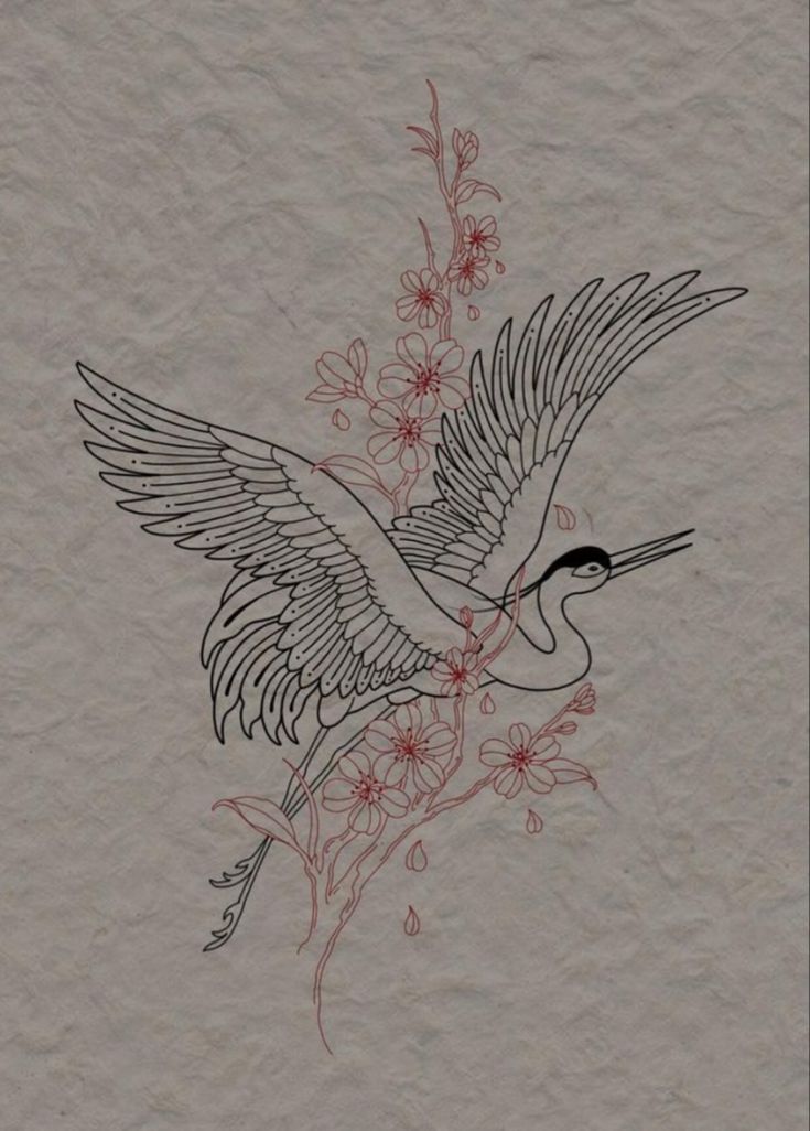 a drawing of a bird with flowers in it's beak and wings spread out