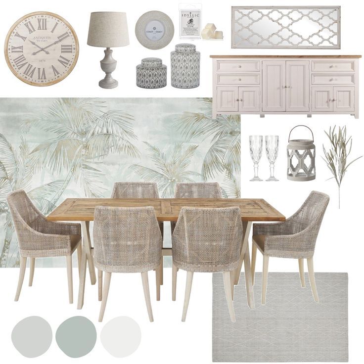 the dining room is decorated in shades of gray and white, with neutrals on the walls