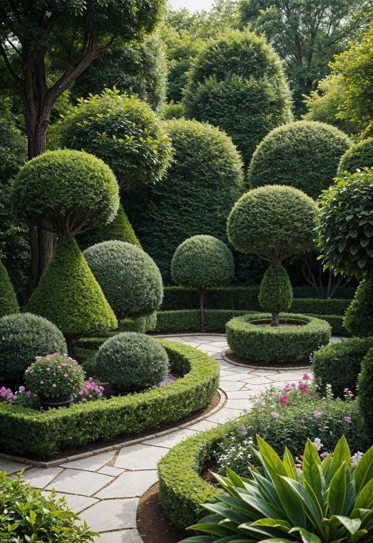 a garden with lots of trees and bushes