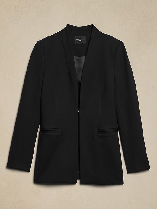 Ponte Collarless Blazer | Banana Republic Factory Chic Structured Suits For Work, Versatile Fitted Blazer, Versatile Fitted Formal Blazer, Classic Fitted Blazer For Layering, Tailored Versatile Blazer For Business Casual, Chic Fall Suits In Solid Color, Chic Solid Color Fall Suits, Elegant Stretch Business Outerwear, Chic Solid Suits For Fall