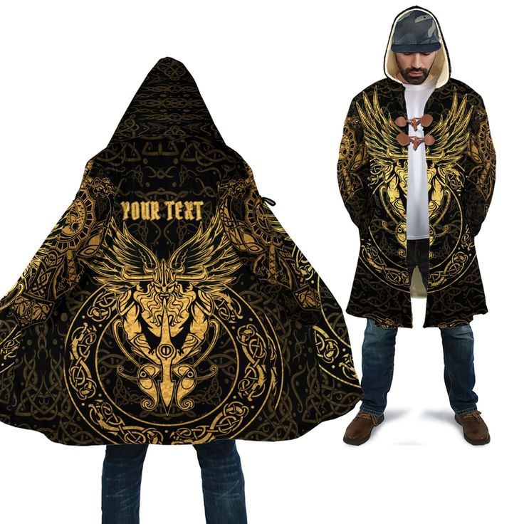 Viking Hooded Coat Warrior Gold Version Customizable Long Sleeve Winter Outerwear, Customizable Winter Outerwear For Streetwear, Luxury Solid Color Hooded Jacket With Double-lined Hood, Multicolor Hooded Outerwear With Double-lined Hood, Artist Custom, Hooded Cloak, Sherpa Lined, Hooded Coat, Cloak