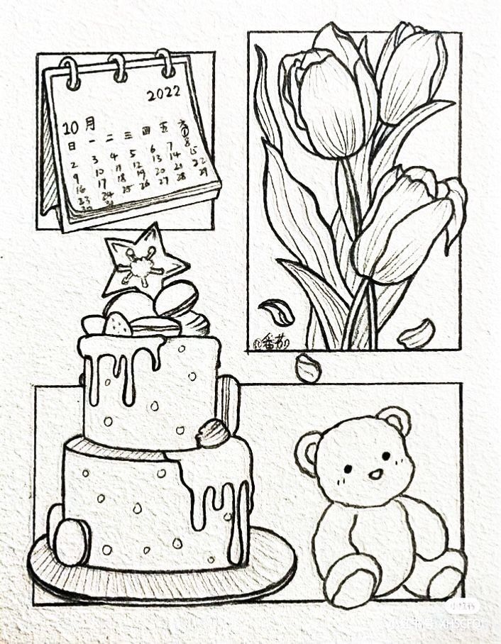 a drawing of a birthday cake with flowers and a teddy bear sitting next to it