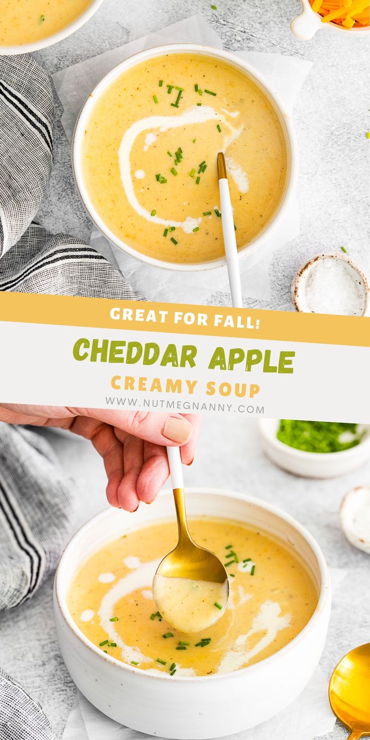 a person holding a spoon over a bowl of creamy soup with the words, great for fall cheddar apple