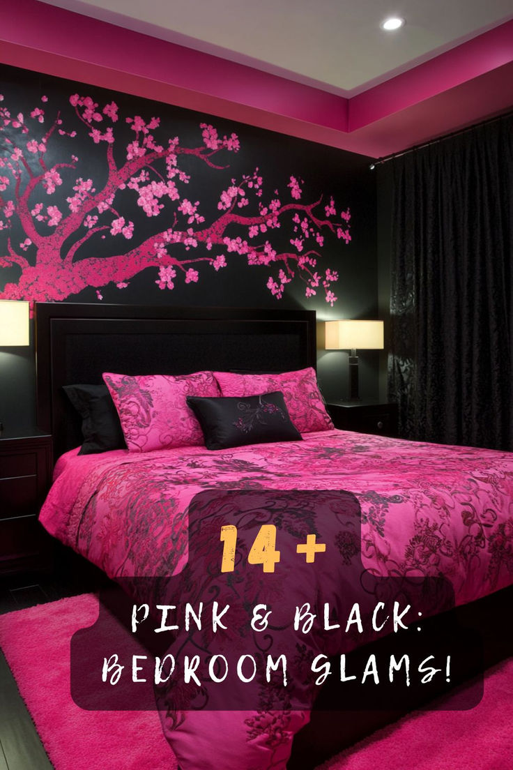 pink and black bedroom with cherry blossom wall decal