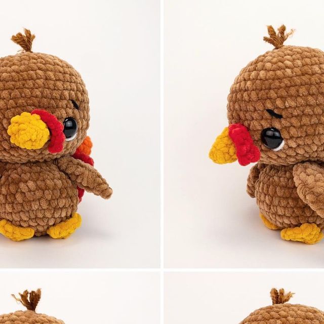 four different pictures of a stuffed bird