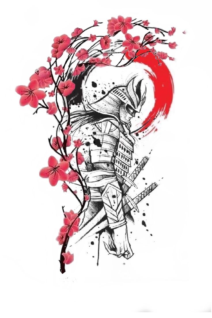 an ink drawing of a samurai with cherry blossoms on the side and a red moon in the background