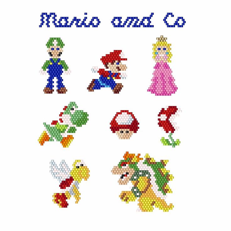 the mario and luigi cross stitch pattern is shown in different colors, shapes and sizes