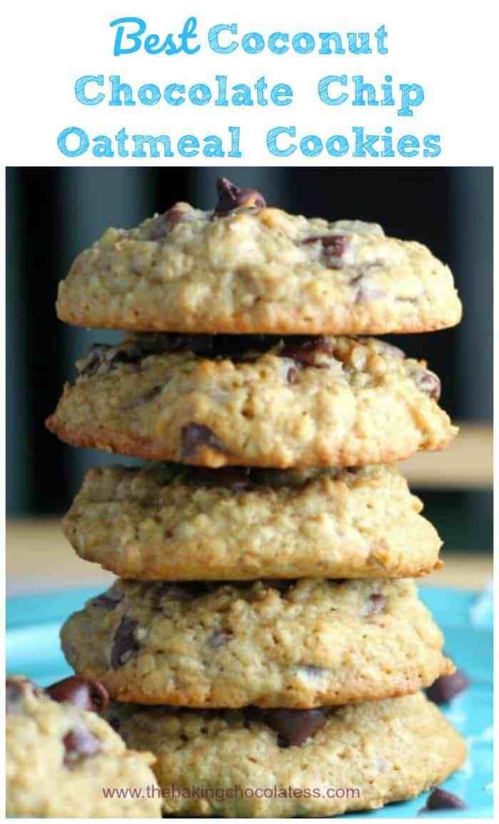 chocolate chip oatmeal cookies stacked on top of each other with text overlay